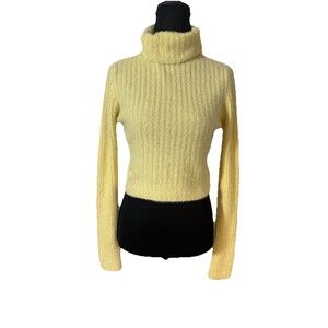 Soft Fuzzy Ribbed Turtleneck Sweater Yellow Long Sleeve Stretch Knit Womans Sz M